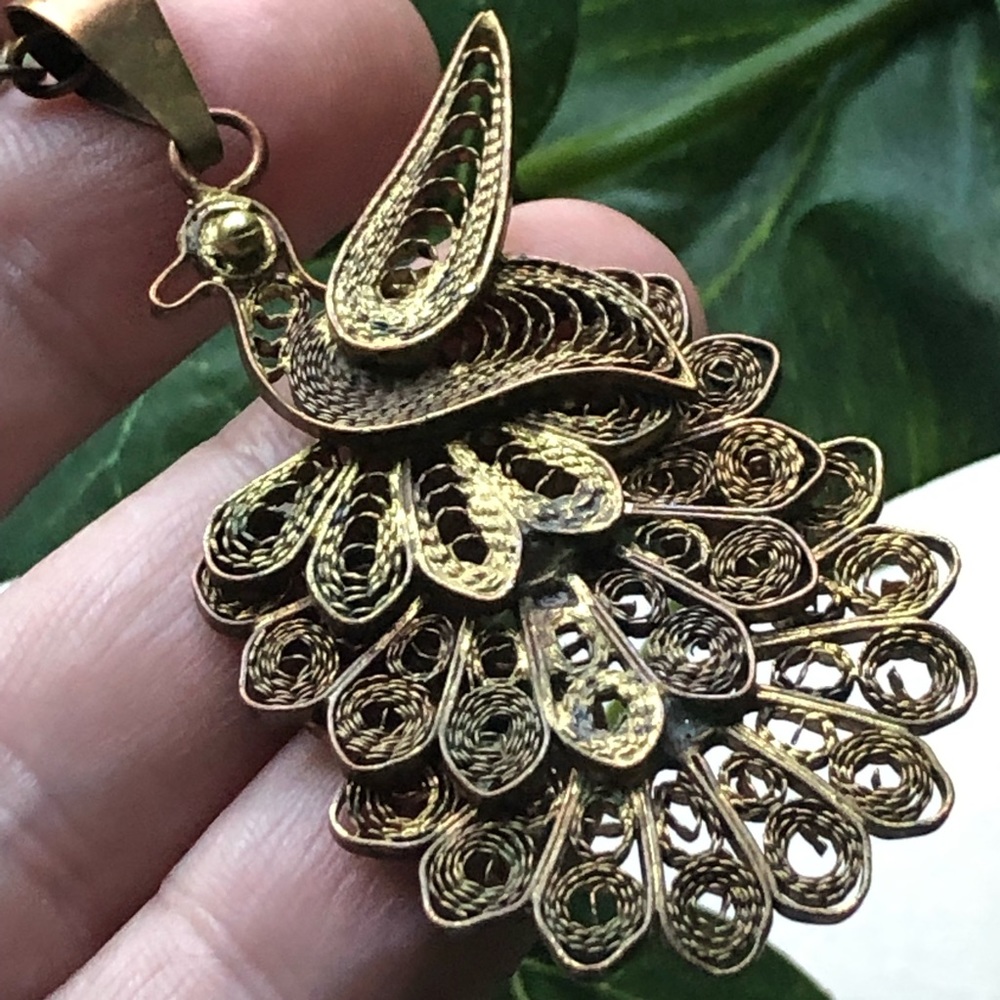 Handcrafted brass peacock filigree pendant w/chain